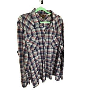 Vintage BJ-R Mens 3XL Western Pearl Snap Front Shirt Red Blue Plaid Long Sleeves